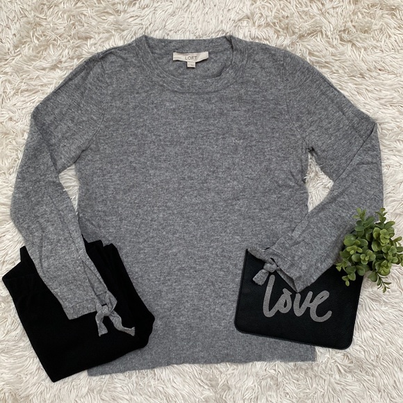 Loft Crewneck Tie Sleeve Sweater 💗 Gray - Picture 3 of 12